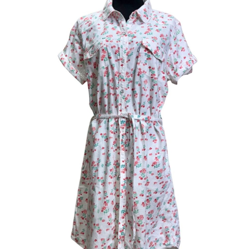 NWOT Levis Snap Front Dress Short Sleeve White/Floral Belted Cotton Sz 12 .e